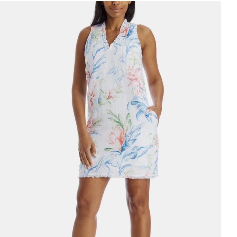 Tommy Bahama Maya Meadows Sleeveless Ruffle Shift Dress. Limen w Cotton Lining.
